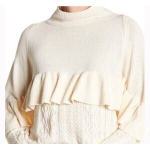 Project Naadam Mock Neck Ruffle Cable Knit Sweater Ivory Quality Old Money